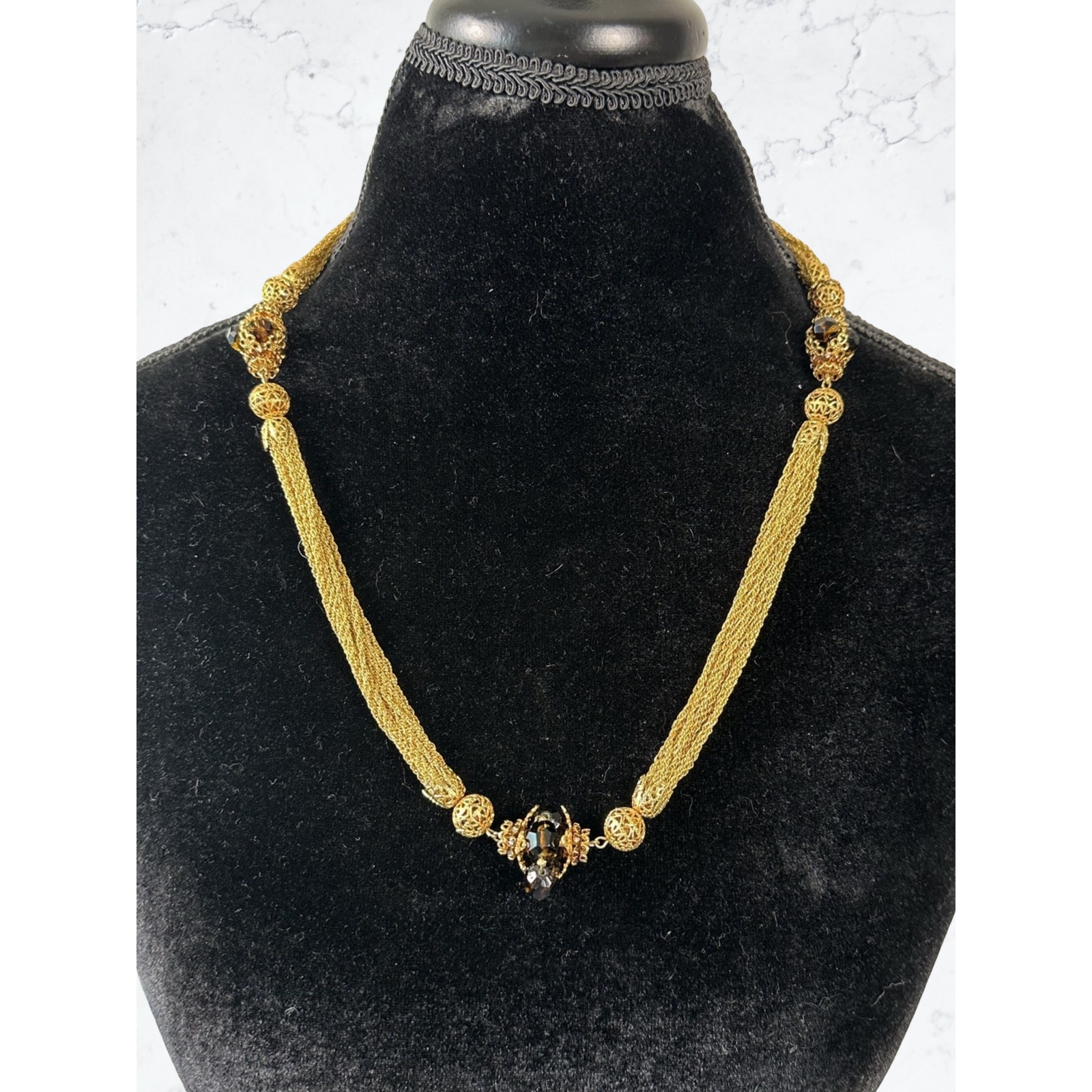 Vintage Vendme 1950s/60s Gold Mesh Filigree Necklace And Glass Beads